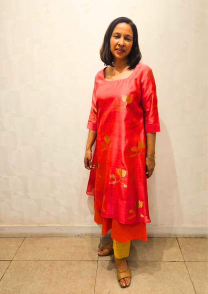 Pink Lotus Boota Double Layer Chanderi Silk Dress