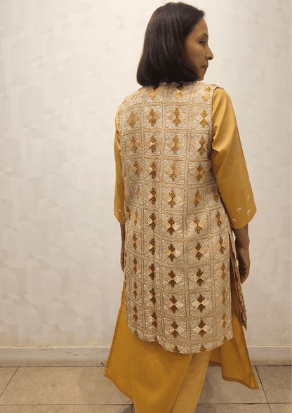 Beige Gold Phulkari Hand Embroidery Silk Mid Thigh Jacket