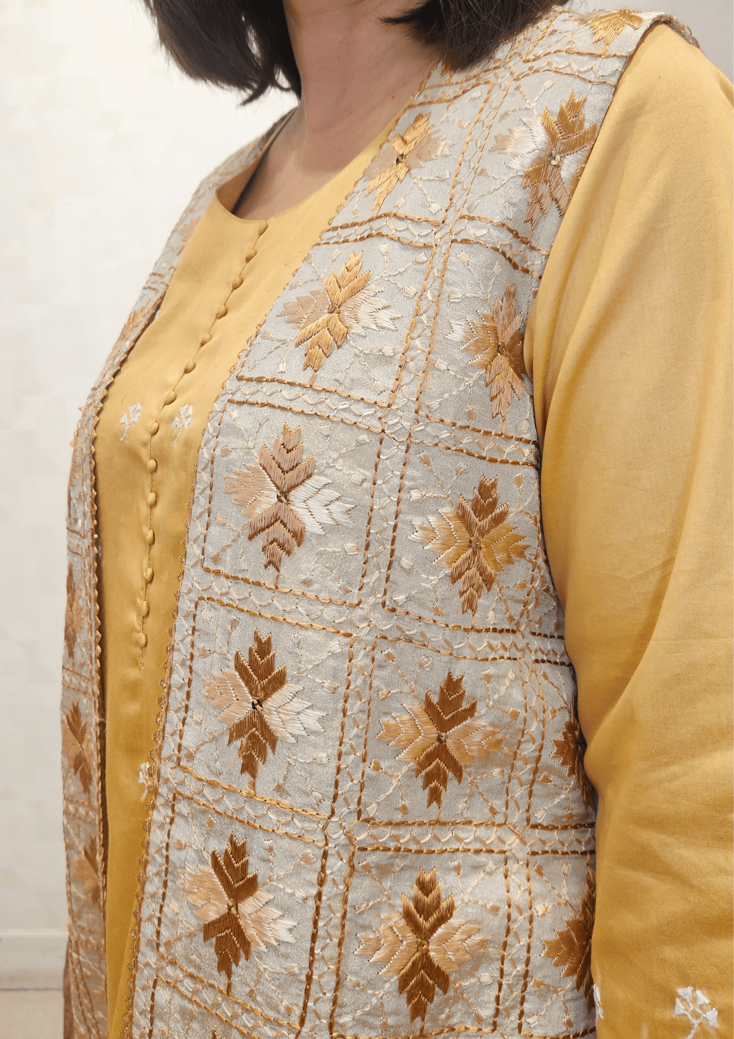 Beige Gold Phulkari Hand Embroidery Silk Mid Thigh Jacket