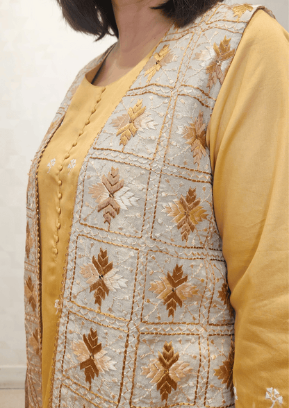 Beige Gold Phulkari Hand Embroidery Silk Mid Thigh Jacket