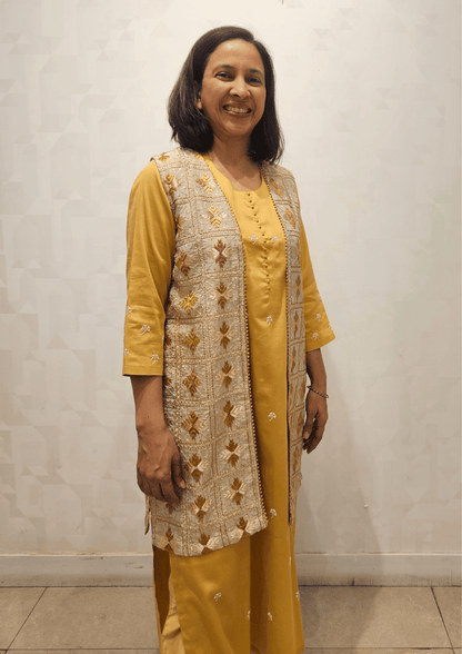 Beige White Hand Embroidery Glazed Cotton Long Kurta