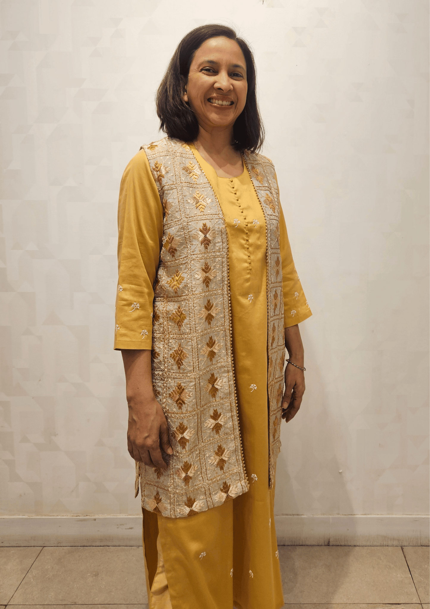 Beige Gold Phulkari Hand Embroidery Silk Mid Thigh Jacket