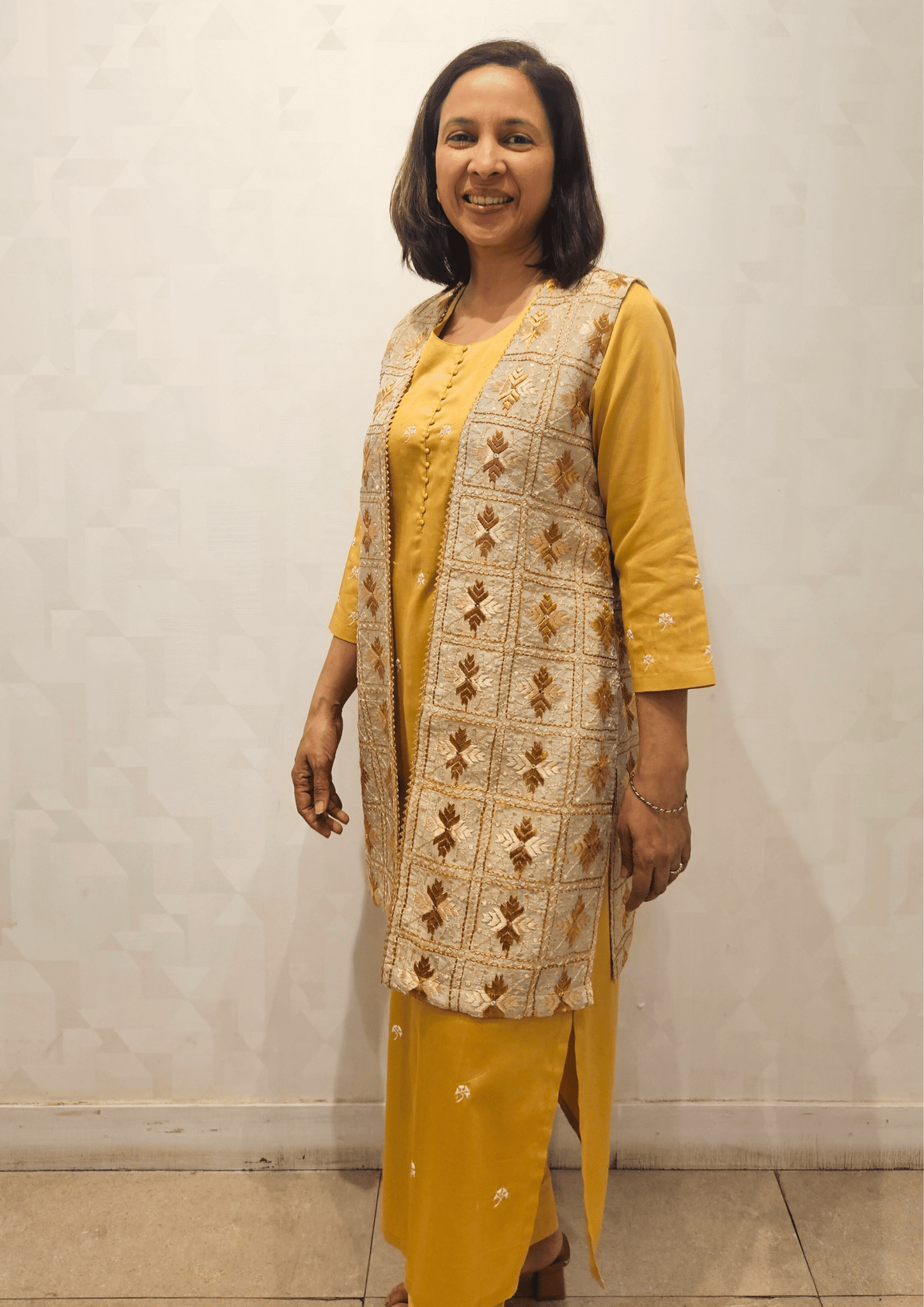Beige Gold Phulkari Hand Embroidery Silk Mid Thigh Jacket
