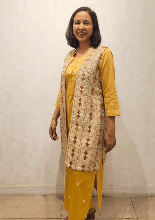 Beige Gold Phulkari Hand Embroidery Silk Mid Thigh Jacket
