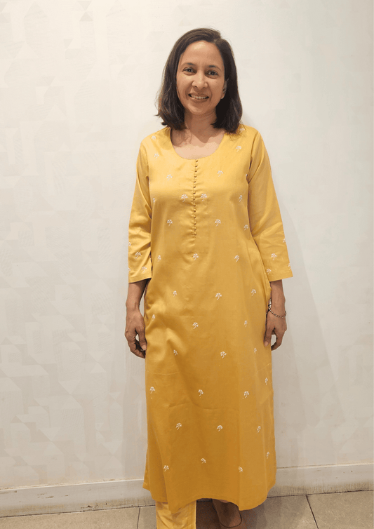 Beige White Hand Embroidery Glazed Cotton Long Kurta