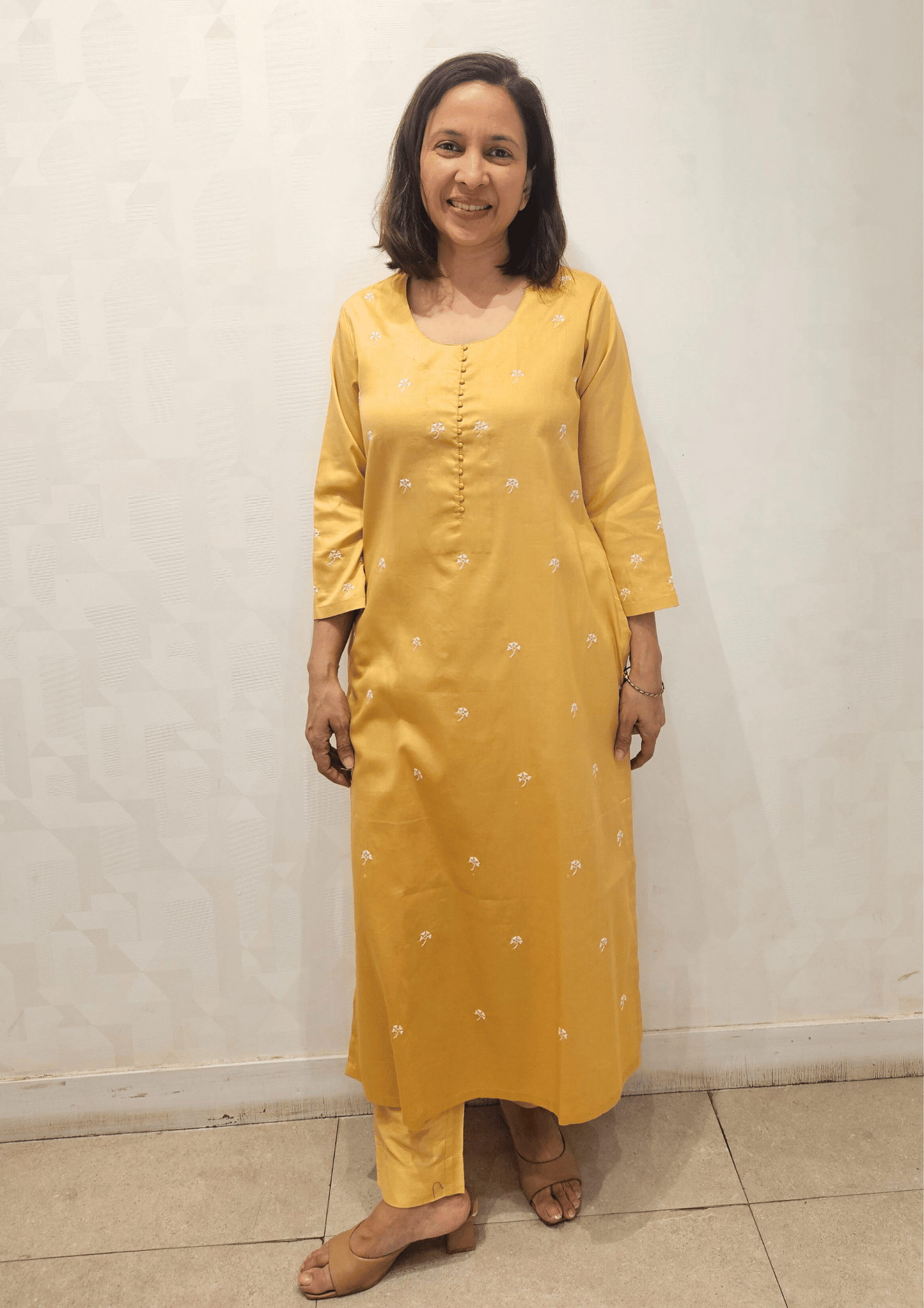 Beige White Hand Embroidery Glazed Cotton Long Kurta