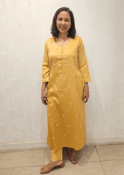 Beige White Hand Embroidery Glazed Cotton Long Kurta
