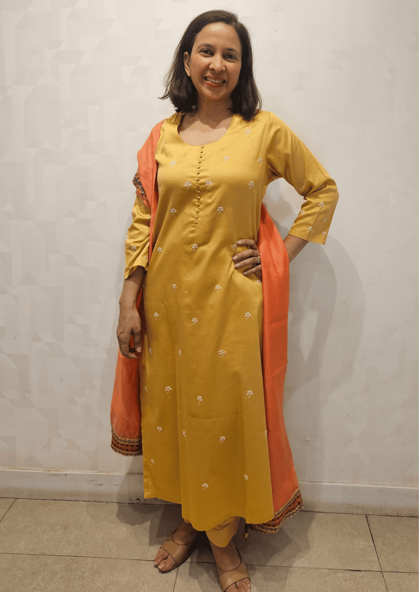 Beige White Hand Embroidery Glazed Cotton Long Kurta