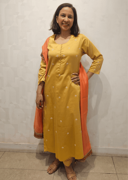 Beige White Hand Embroidery Glazed Cotton Long Kurta