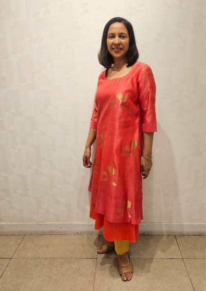 Pink Lotus Boota Double Layer Chanderi Silk Dress