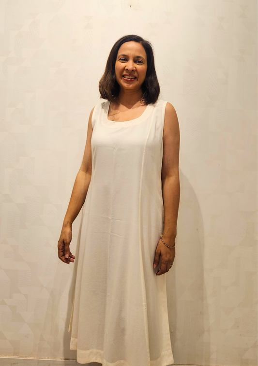 White Round Neck Hand Embroidery Sleeveless Cotton Viscose Dress