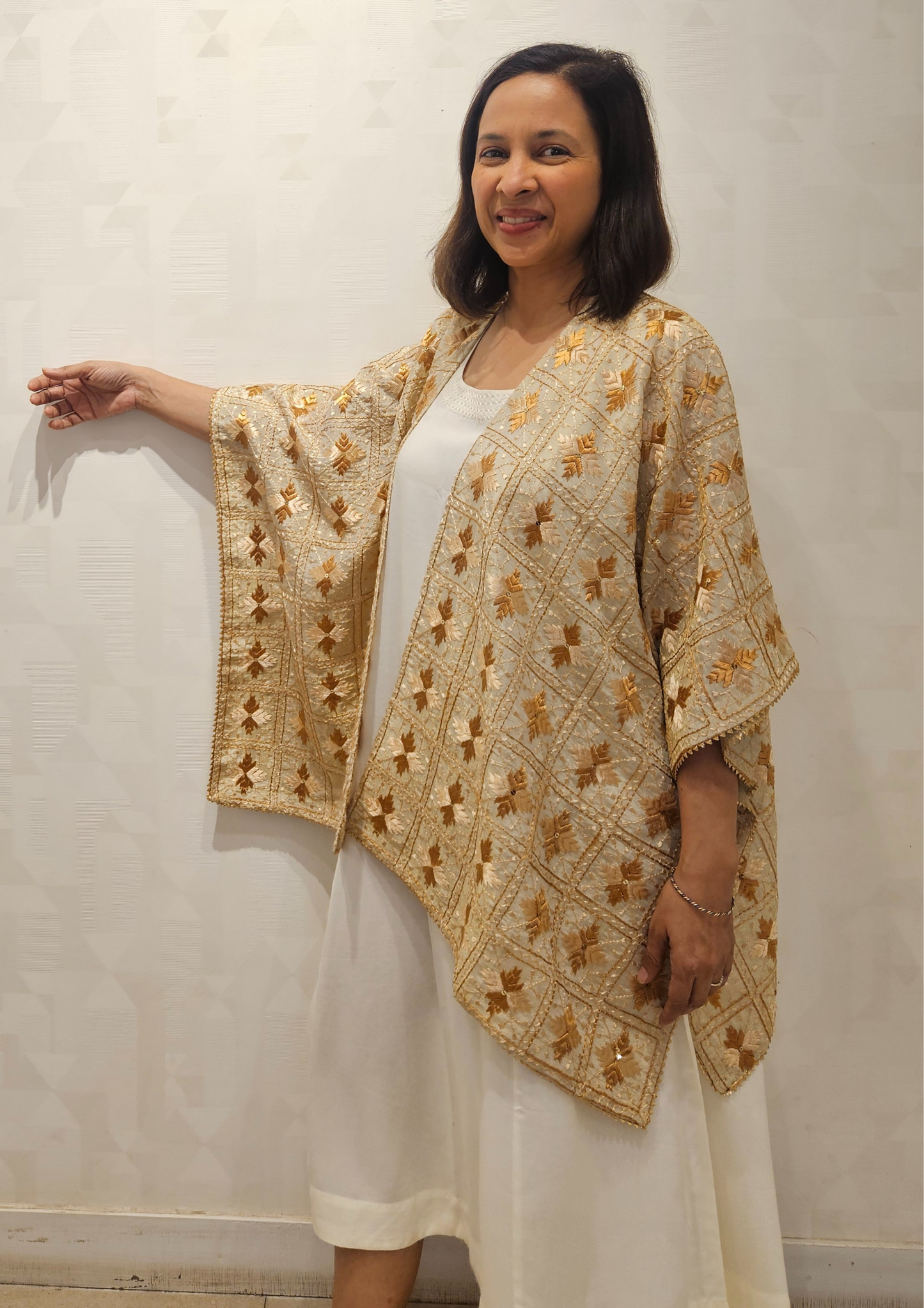 Beige Gold Phulkari Hand Embroidery Silk Lisb Jacket
