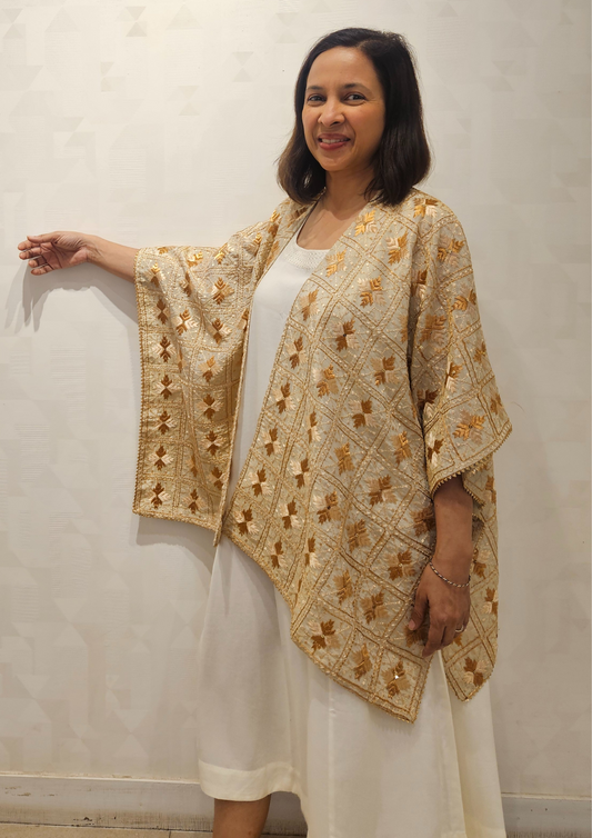 Beige Gold Phulkari Hand Embroidery Silk Lisb Jacket