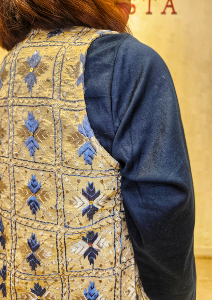 Grey Blue Phulkari Hand Embroidery Silk Long Jacket