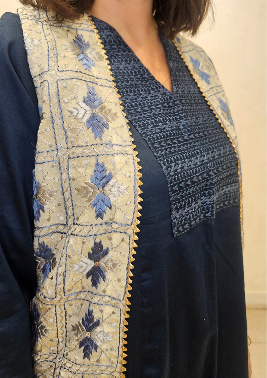 Grey Blue Phulkari Hand Embroidery Silk Long Jacket
