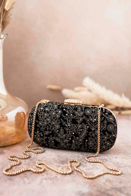 Thea velvet embroidered clutch - Black