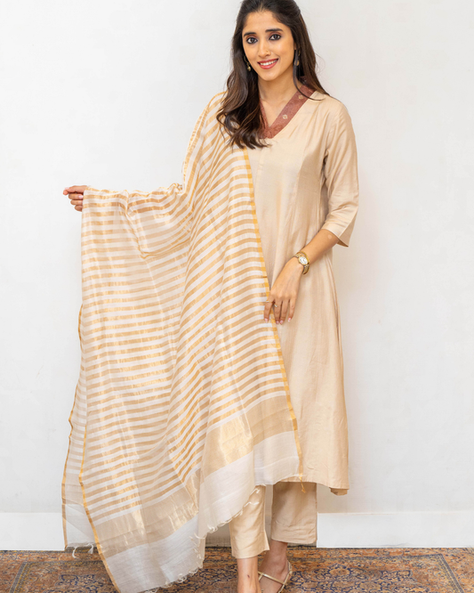 White Gold Stripes Chanderi Silk Dupatta