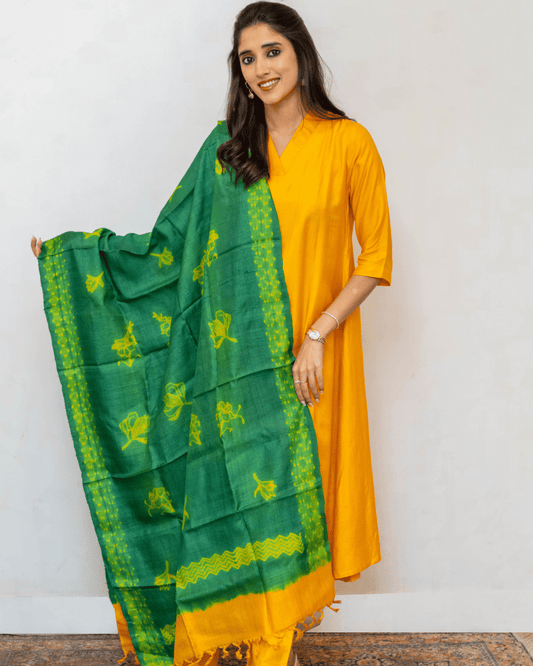 Green Yellow Shibori Tussar Silk Dupatta