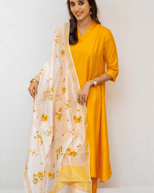 White Yellow Printed Chanderi Silk Cotton Dupatta