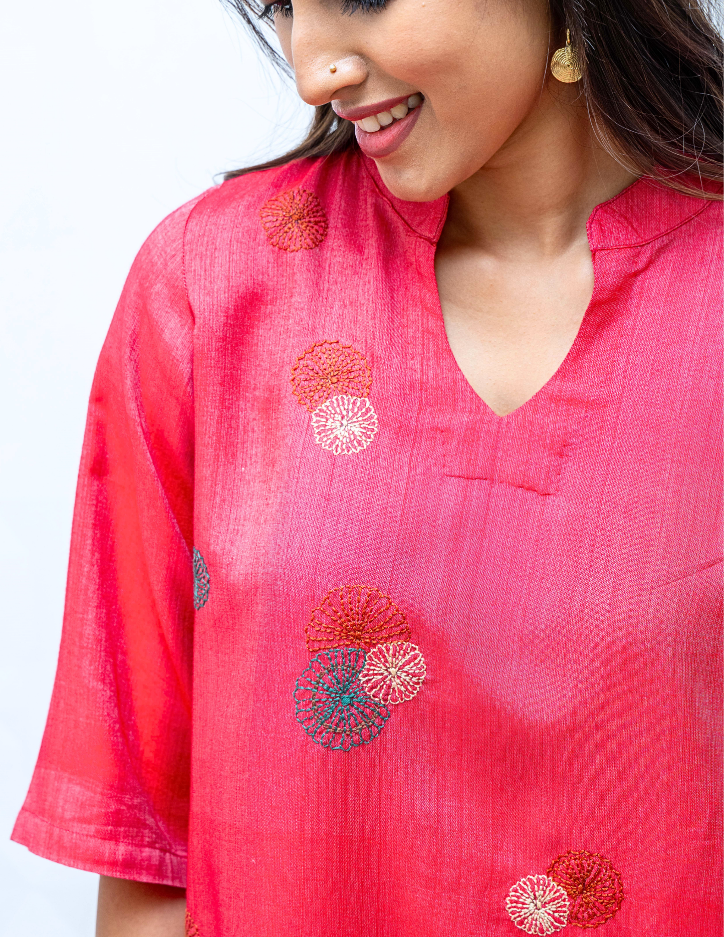 Red Porgai Embroidery Tussar Cotton Tunic