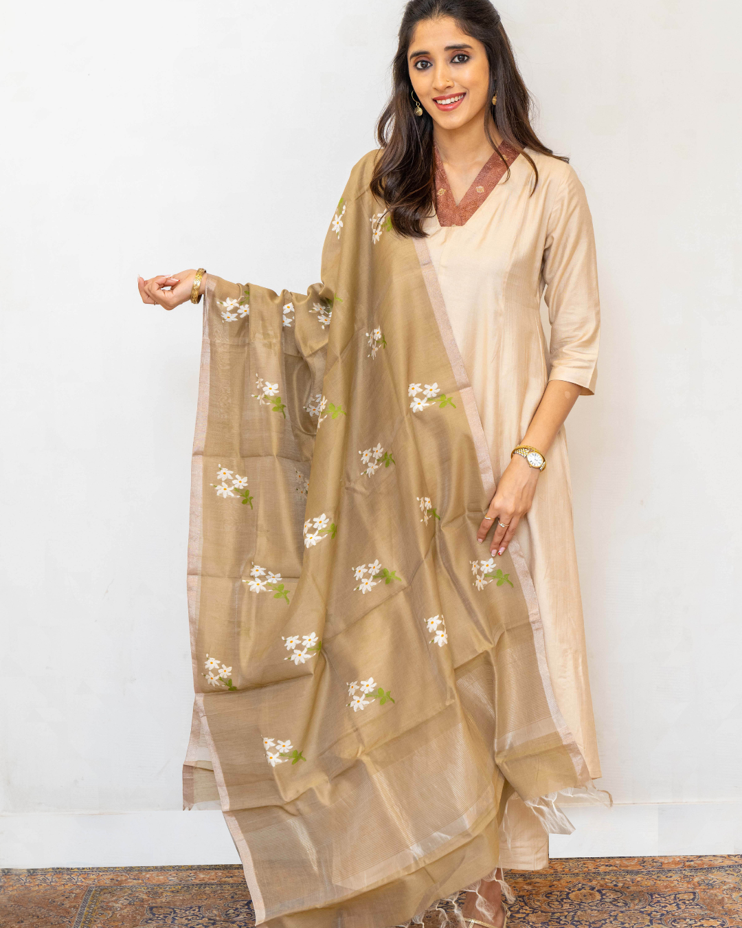 Beige Jamdani Chanderi Silk Cotton Dupatta