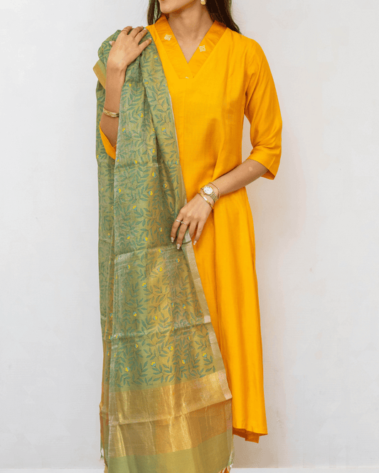 Green Printed Chanderi Silk Cotton Dupatta