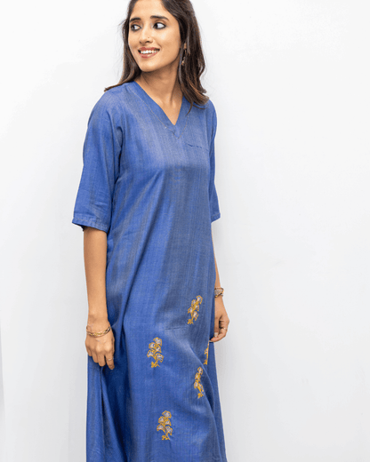 Blue V Neck Embroidery Tussar Cotton Dress