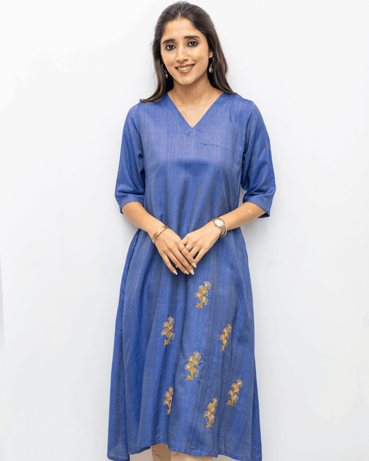 Blue V Neck Embroidery Tussar Cotton Dress