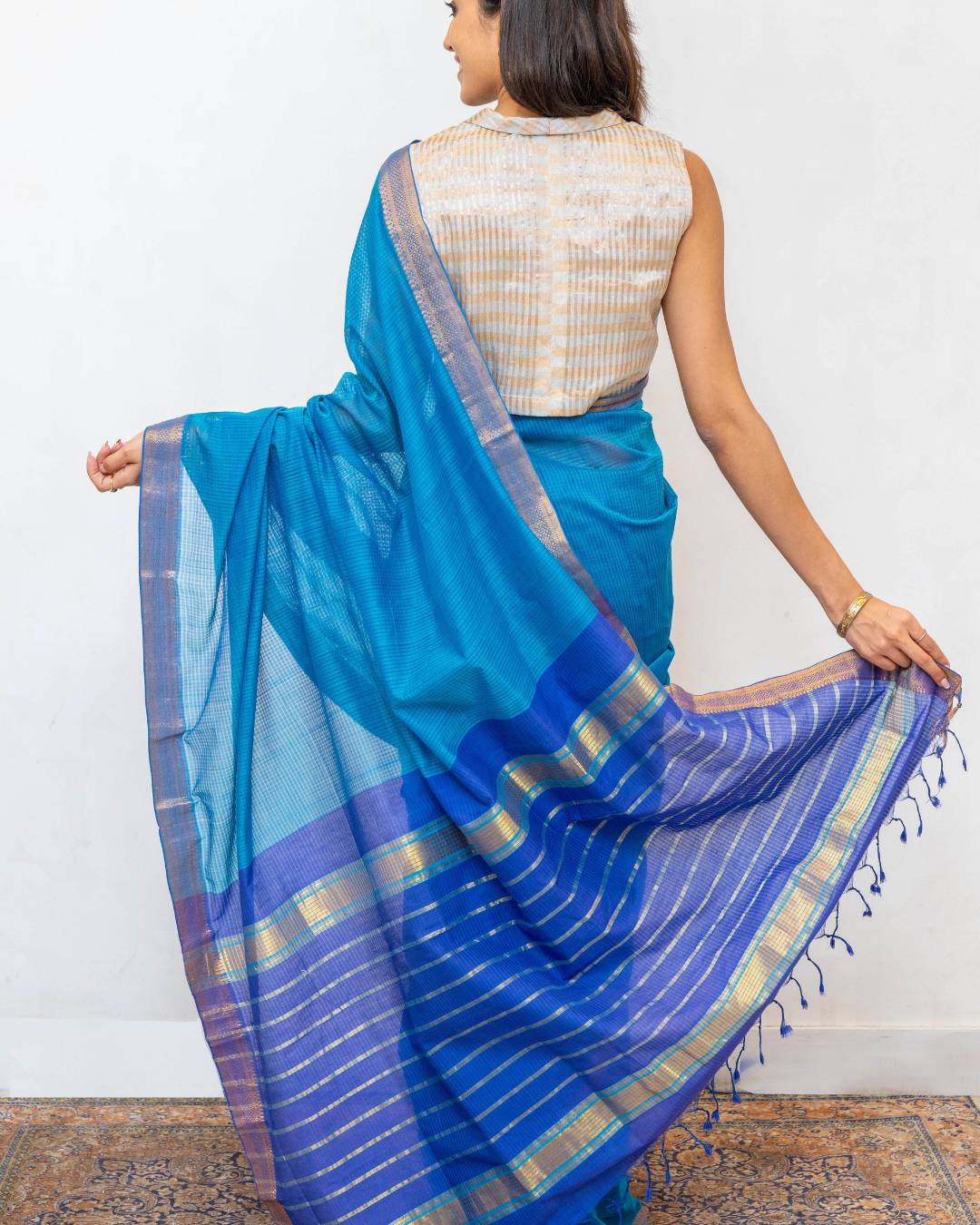 White Gold Stripes Chanderi Silk Sleeveless Blouse