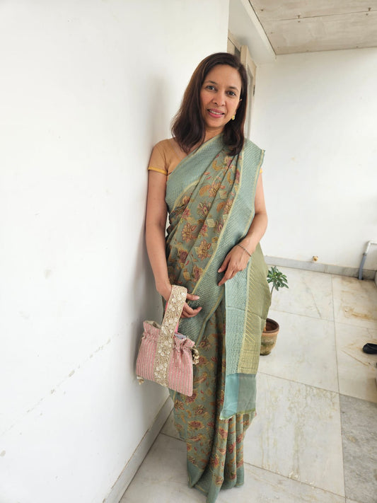 Green Floral Barasi Tissue Georgette