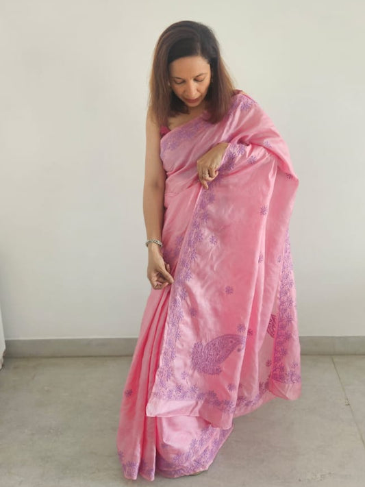 Pink & Purple Hand Embroidery Chikankari Tussar Silk Saree