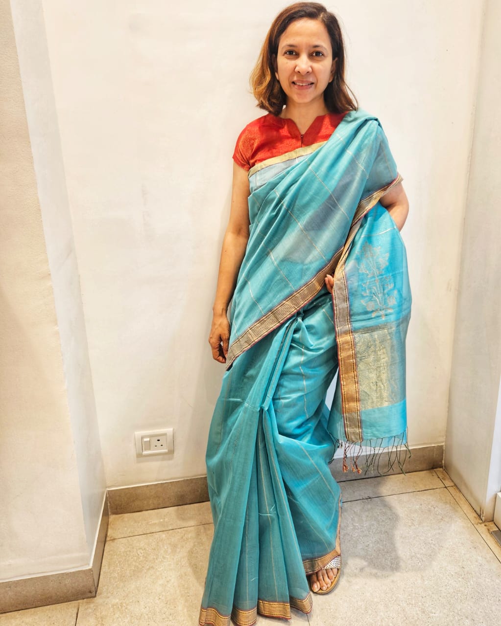 Turquoise Blue  Floral Zari Pallu Chanderi Silk Cotton Saree