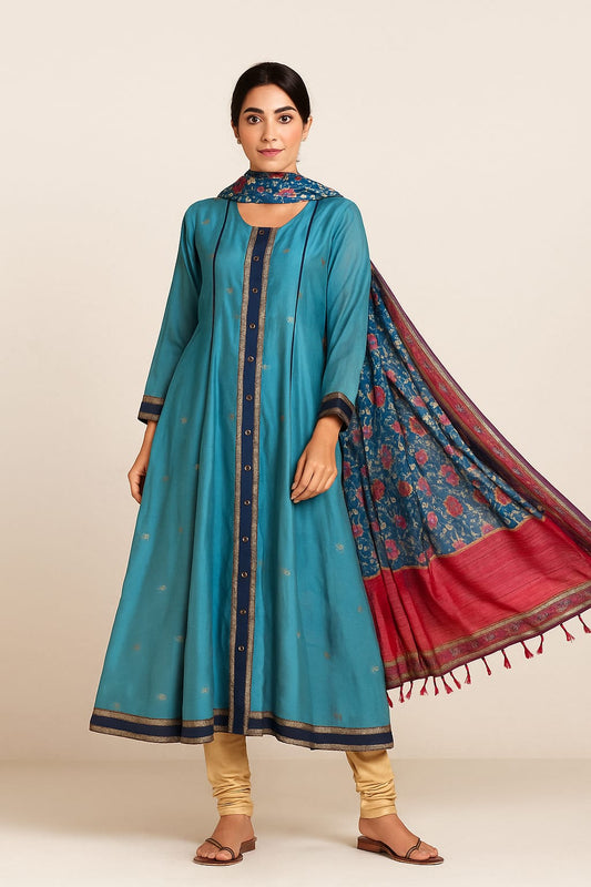 Blue Round Neck Side Panel Maheswari Silk Cotton Dress