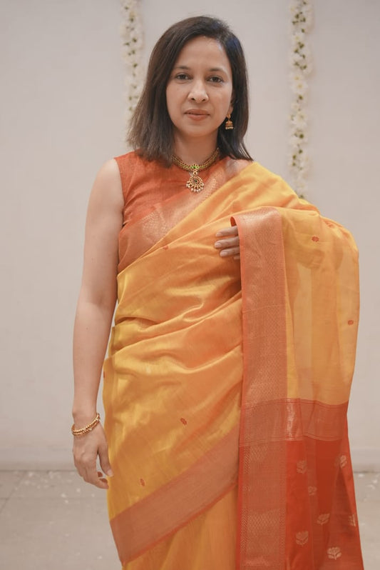 Red Deepam Neck Silk Tissue Sleeveless  Blouse