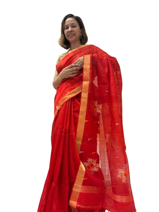 Red Jamdani  Matka Silk Saree