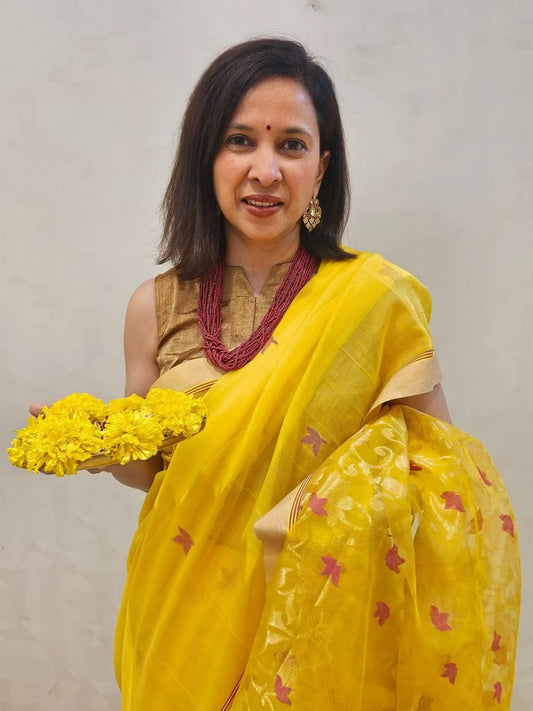 Yellow Jamdani Flower Booti Noil Silk Saree