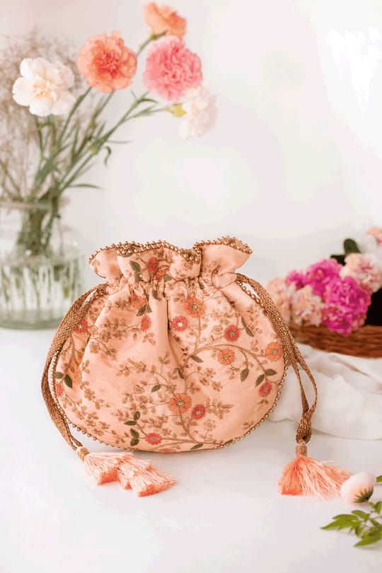 Floral Creeper Potli Bag Peach AM-PT-0619-0028