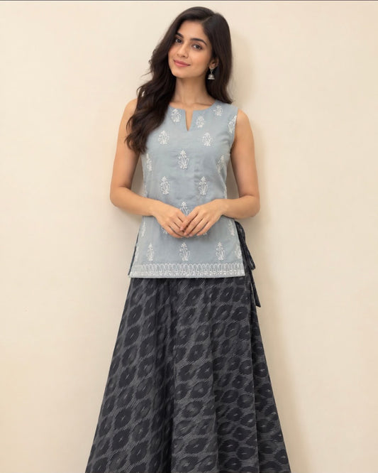 Grey Chikankari Embroidery Sleeveless Cotton Blouse