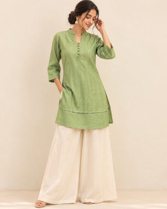 Green Tissue Chinese Collar Tussar Silk Tunic