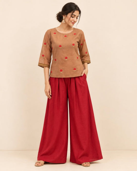 Brown Red Floral Chanderi Silk Cotton Top