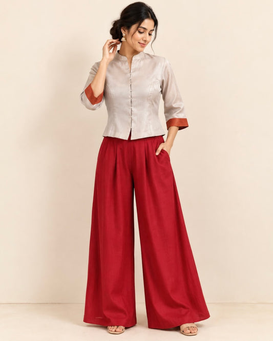Silver Red Pannel Silk Cotton Blouse