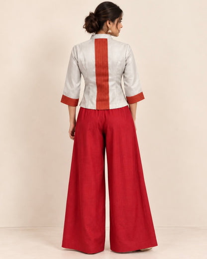 Silver Red Pannel Silk Cotton Blouse