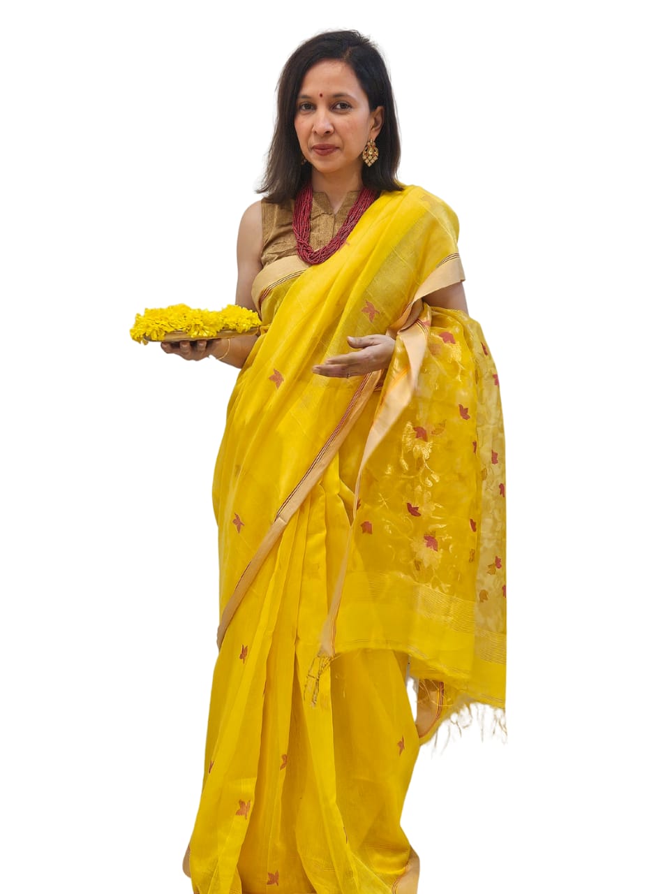Yellow Jamdani Flower Booti Noil Silk Saree