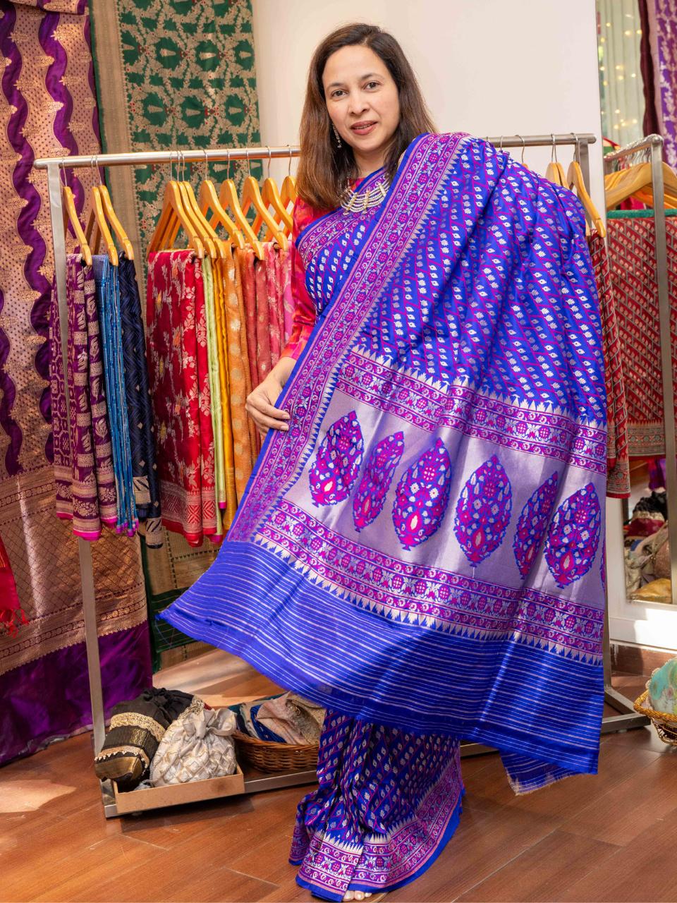 Blue Pink Floral Banarasi Silk Saree