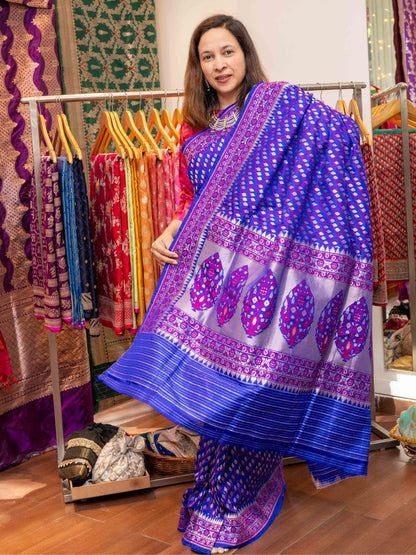 Blue Pink Floral Banarasi Silk Saree