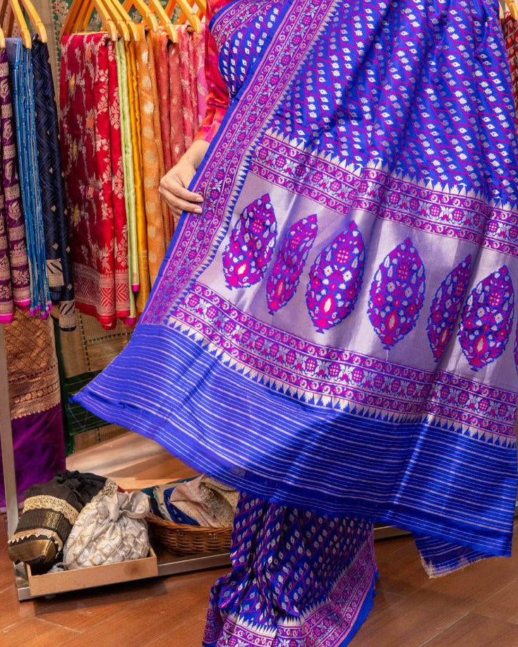 Blue Pink Floral Banarasi Silk Saree