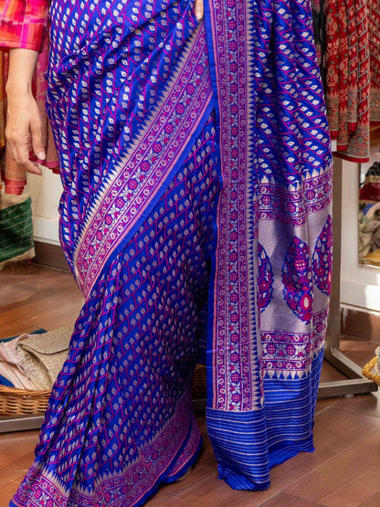 Blue Pink Floral Banarasi Silk Saree