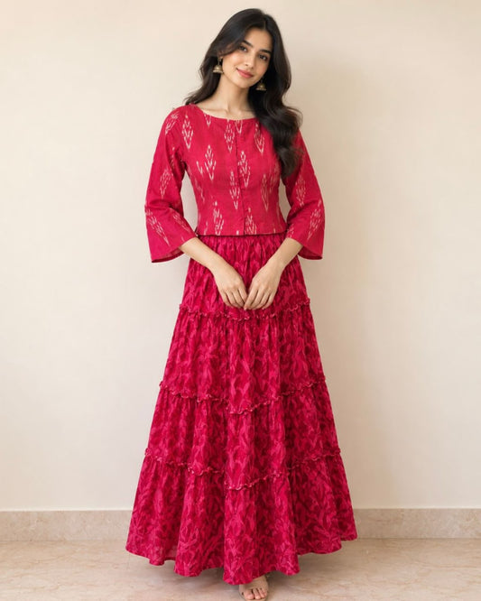 Red Ikkat Roundneck Spcut Blouse - samasta.in #