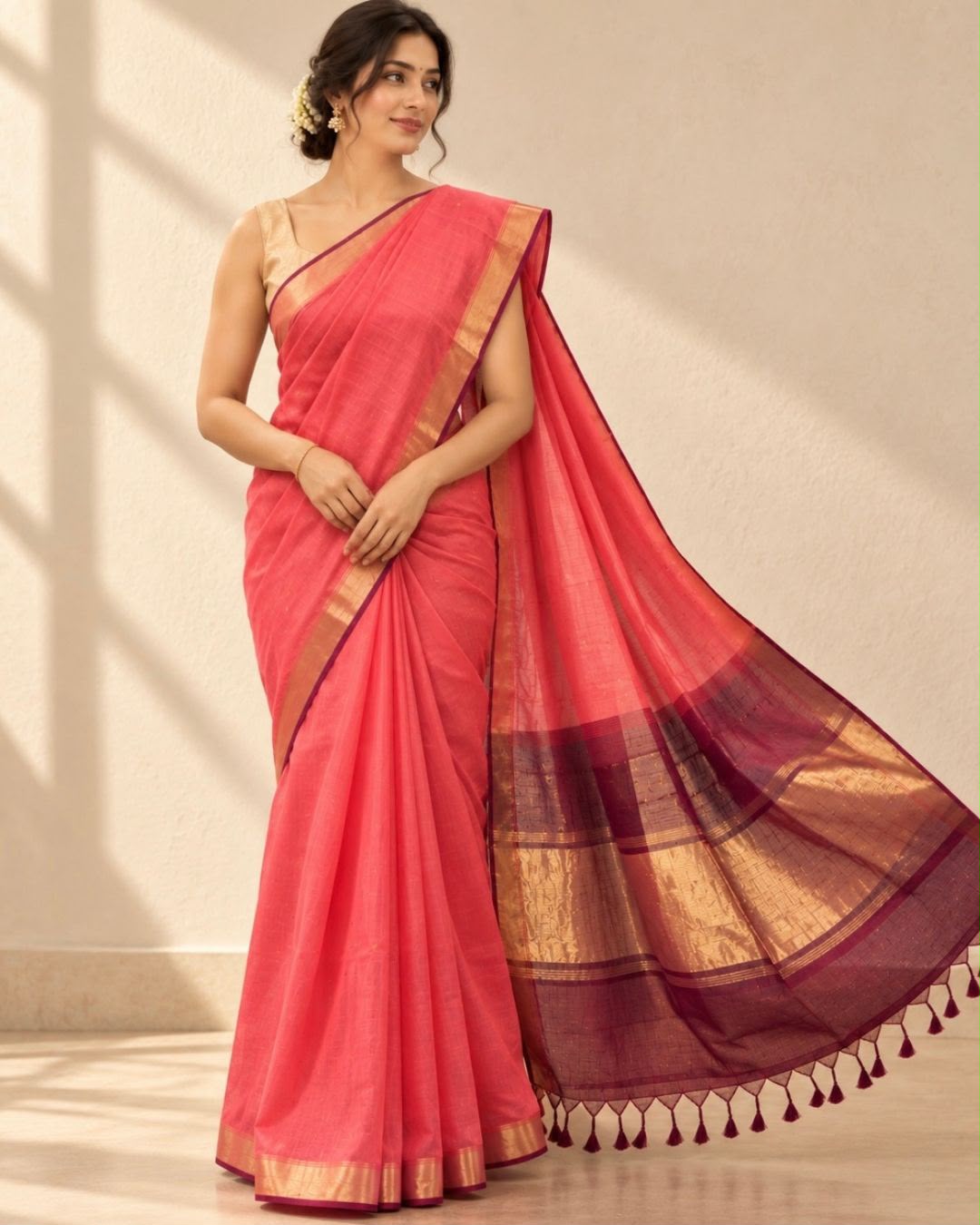 Peach Gold Zari Border Maroon Contrast Pallu Mangalgiri Silk Saree