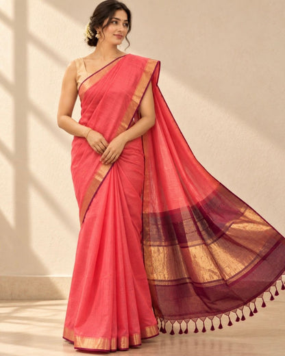 Peach Gold Zari Border Maroon Contrast Pallu Mangalgiri Silk Saree